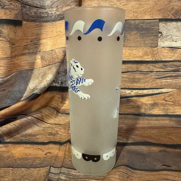 Vtg Libbey MCM Frosted Carousel Circus Blue Tiger Highball Glass 1950s Drinkware - Picture 4 of 8
